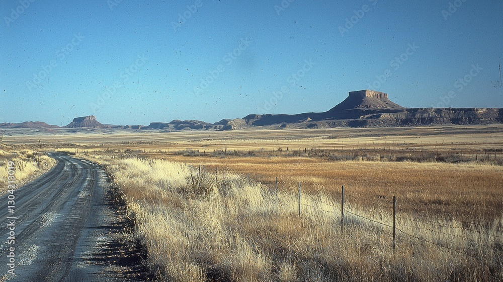 Obraz premium Dusty road through arid landscape, mesas in the distance