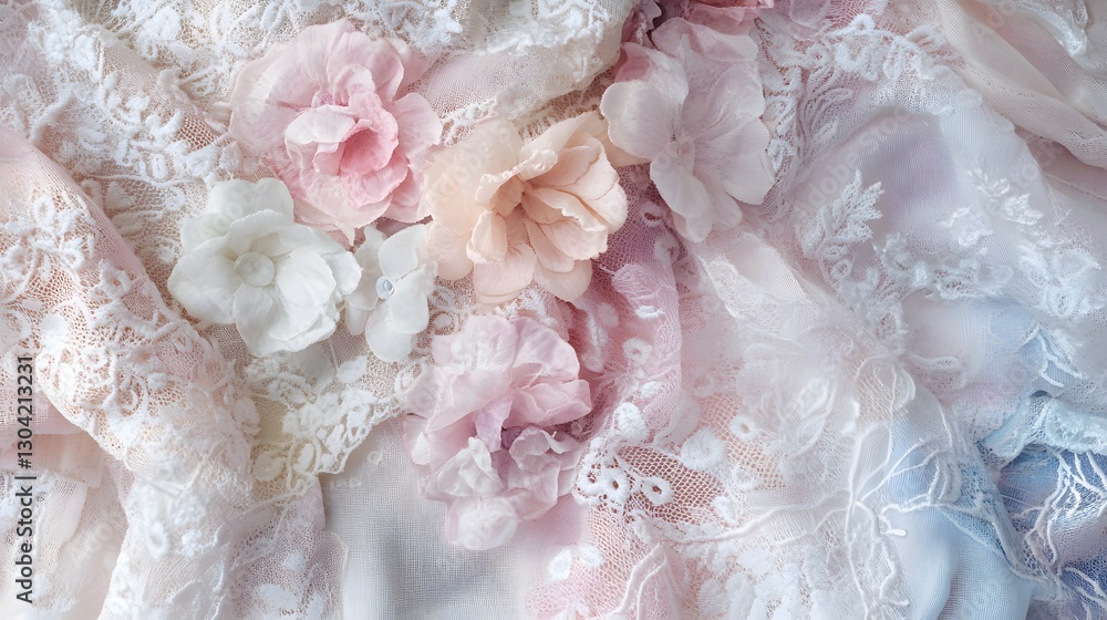 Fototapeta premium A soft pastel woven pattern with delicate lace interlaced in romantic floral designs