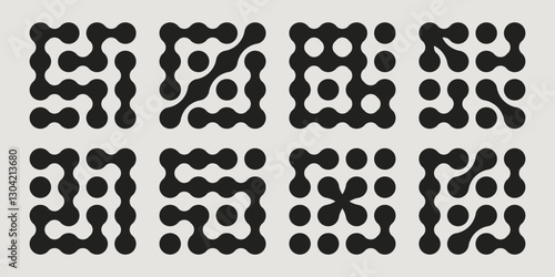 Metaball geometric pattern set of abstract rounded shapes - black minimalist squares with flowing organic connections and circular elements. Modern design compositions for digital backgrounds.
