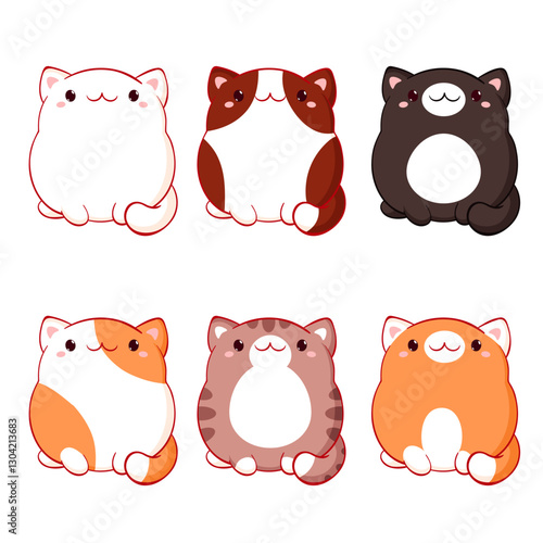Set of cute fat cats kawaii style. Collection of lovely kitty of various colours. Baby set with little pets. Can be used for t-shirt print, sticker, greeting card design. Vector illustration EPS8