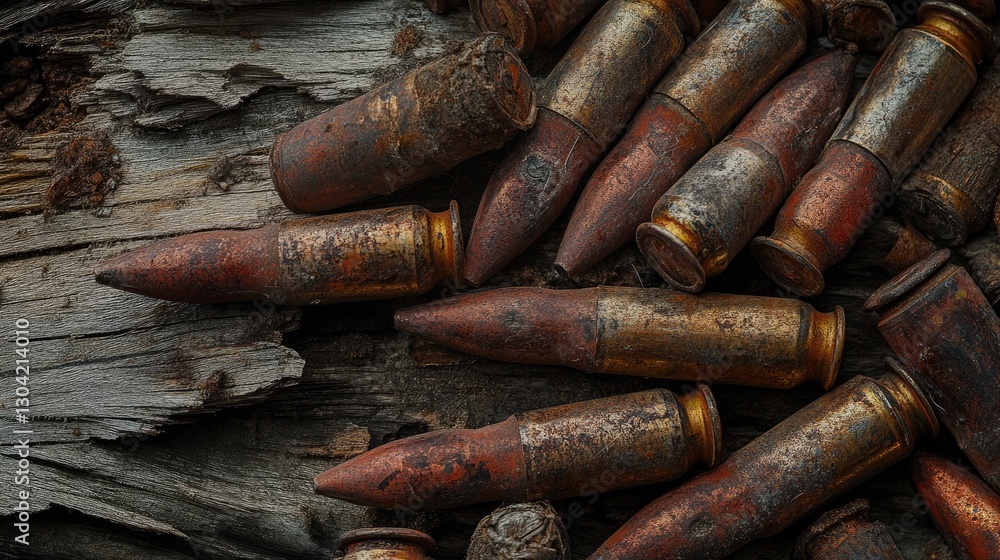 A collection of rusty ammunition and weathered wood with a grunge-style background, reflecting the remnants of war and history in a raw, atmospheric manner - A collection of rusty ammunition and weathered wood with a grunge-style background, reflecting the remnants of war and history in a raw, atmospheric manner -