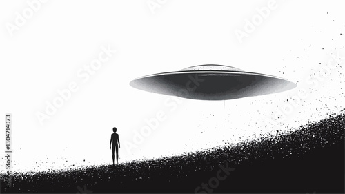 The image is a monochrome illustration depicting a solitary human figure silhouetted against a light background, observing a large, disc-shaped object hovering above a gently sloping hill