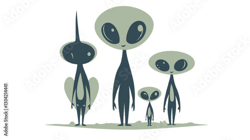 The image is a digital illustration featuring a family of four cartoon aliens against a white background. The aliens are depicted in a simplistic style with large eyes, smooth skin, and