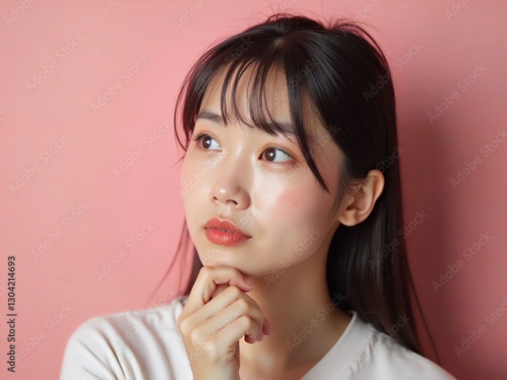 Contemplative Young Woman with Soft Expressions Against Pink Background Contemplative Young Woman with Soft Expressions Against Pink Background