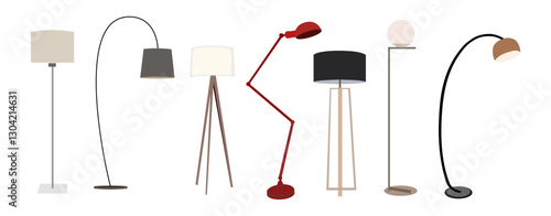 Modern Floor lamps set. Different interior light decor standing. Flat vector illustrations, interior design elements isolated 