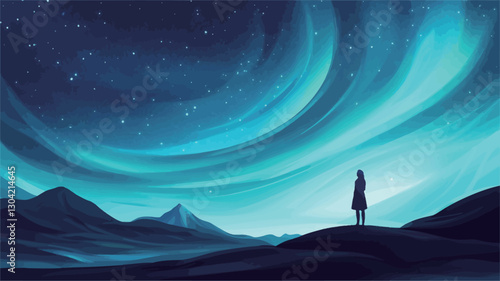 Digital painting depicting a stylized landscape at night.  The dominant feature is a swirling, vibrant aurora borealis in shades of blue and green filling most of the frame.  A small, dark