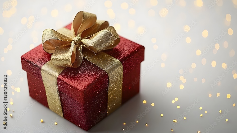Glowing Red and Gold Holiday Gift Box with Oversized Ribbon on Pristine White Background Glowing Red and Gold Holiday Gift Box with Oversized Ribbon on Pristine White Background