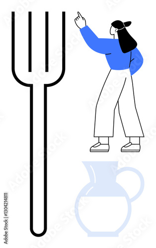 Minimalist design of a woman in casual outfit pointing, next to oversized black fork and translucent jug. Ideal for kitchen, culinary, simplicity, cooking concepts, lifestyle, minimalism