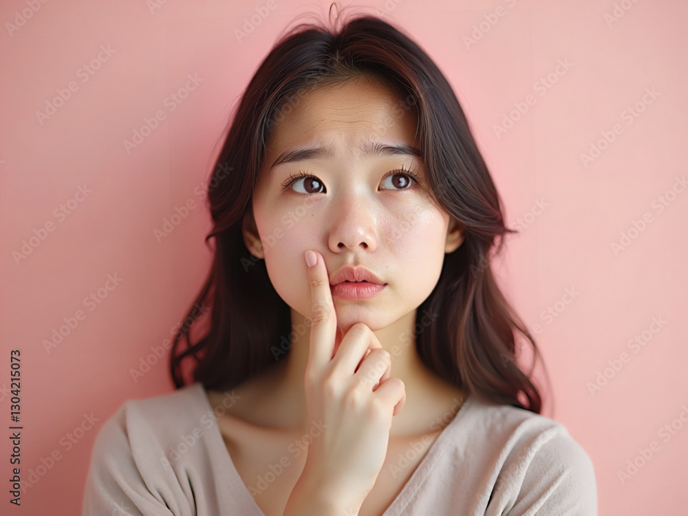 Contemplative Young Woman with Thoughtful Expression Against Pink Background Contemplative Young Woman with Thoughtful Expression Against Pink Background