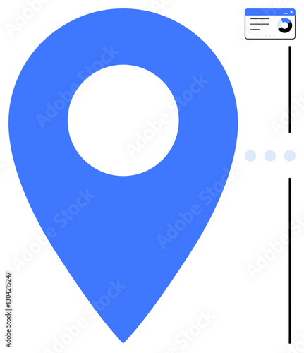 Giant blue location pin beside minimalist user interface boxes and dots indicating streamlined data flow. Ideal for navigation, location tracking, logistics, technology, connectivity, apps, flat