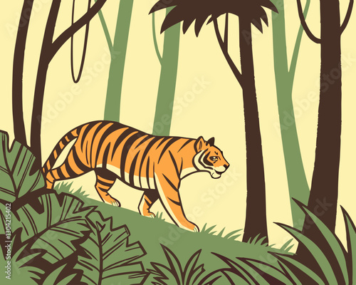 powerful tiger prowling through dense jungle foliage, its orange and black stripes blending with the dappled sunlight filtering through the trees