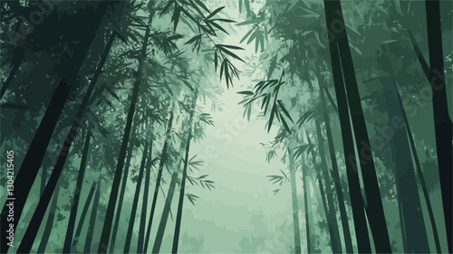 Low-angle, vertical shot of a dense bamboo forest.  The scene is shrouded in mist or fog, giving it a muted, greenish hue.  The bamboo stalks are tall, slender, and densely packed, creating