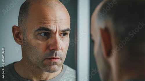 Bald adult male gazing in mirror with intense expression photo