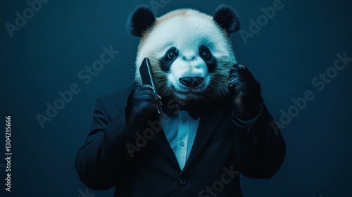 Panda in Suit Talking on Phone Against Blue Background
