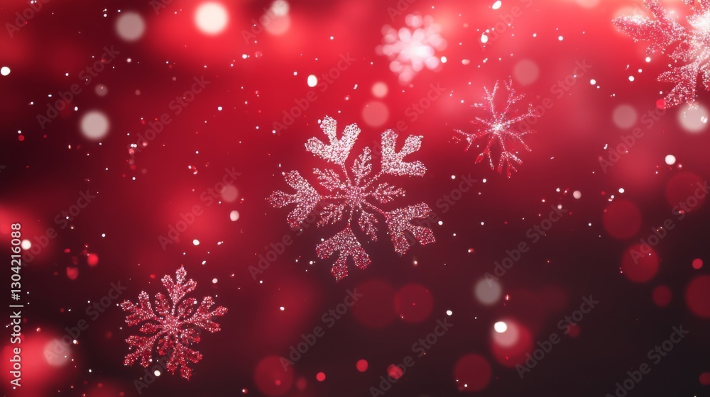 Festive red background with glittering snowflakes and bokeh lights Festive red background with glittering snowflakes and bokeh lights