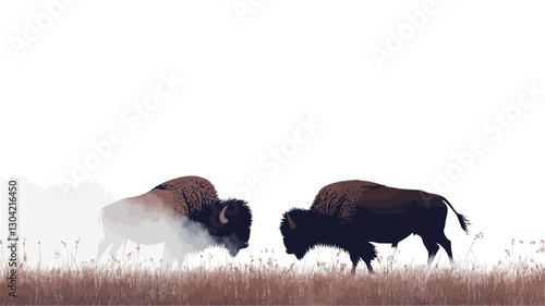 The image shows two bison, one appearing lighter in color, possibly due to snow or light, and the other darker, positioned in a seemingly confrontational yet calm stance. They are set