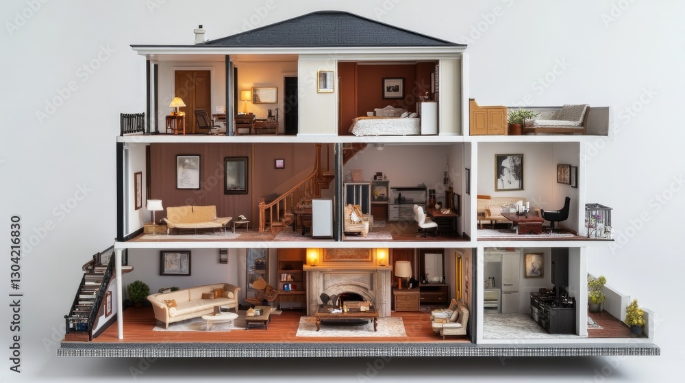 A cross-sectional view of a dollhouse-style house, showing interior rooms and furniture layouts, offering a unique perspective of home design and structure A cross-sectional view of a dollhouse-style house, showing interior rooms and furniture layouts, offering a unique perspective of home design and structure