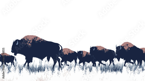 A stylized illustration depicting a herd of bison silhouetted against a white background. The bison are rendered in shades of navy blue, with hints of a dusty rose color on their humps.