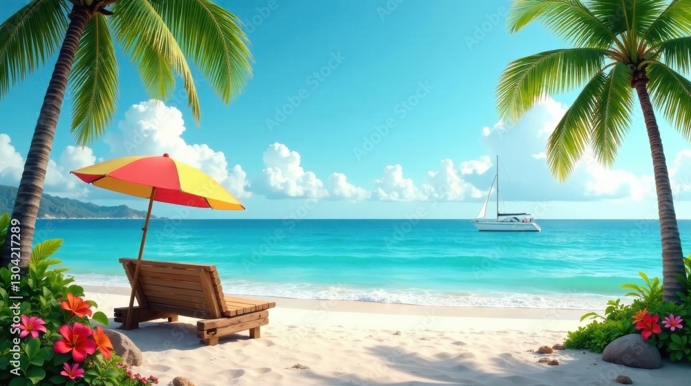 Obraz premium Tranquil Beach Scene Wooden Lounger Under a Colorful Parasol, Serene Ocean with a Sailboat in the Distance, Lush Tropical Foliage