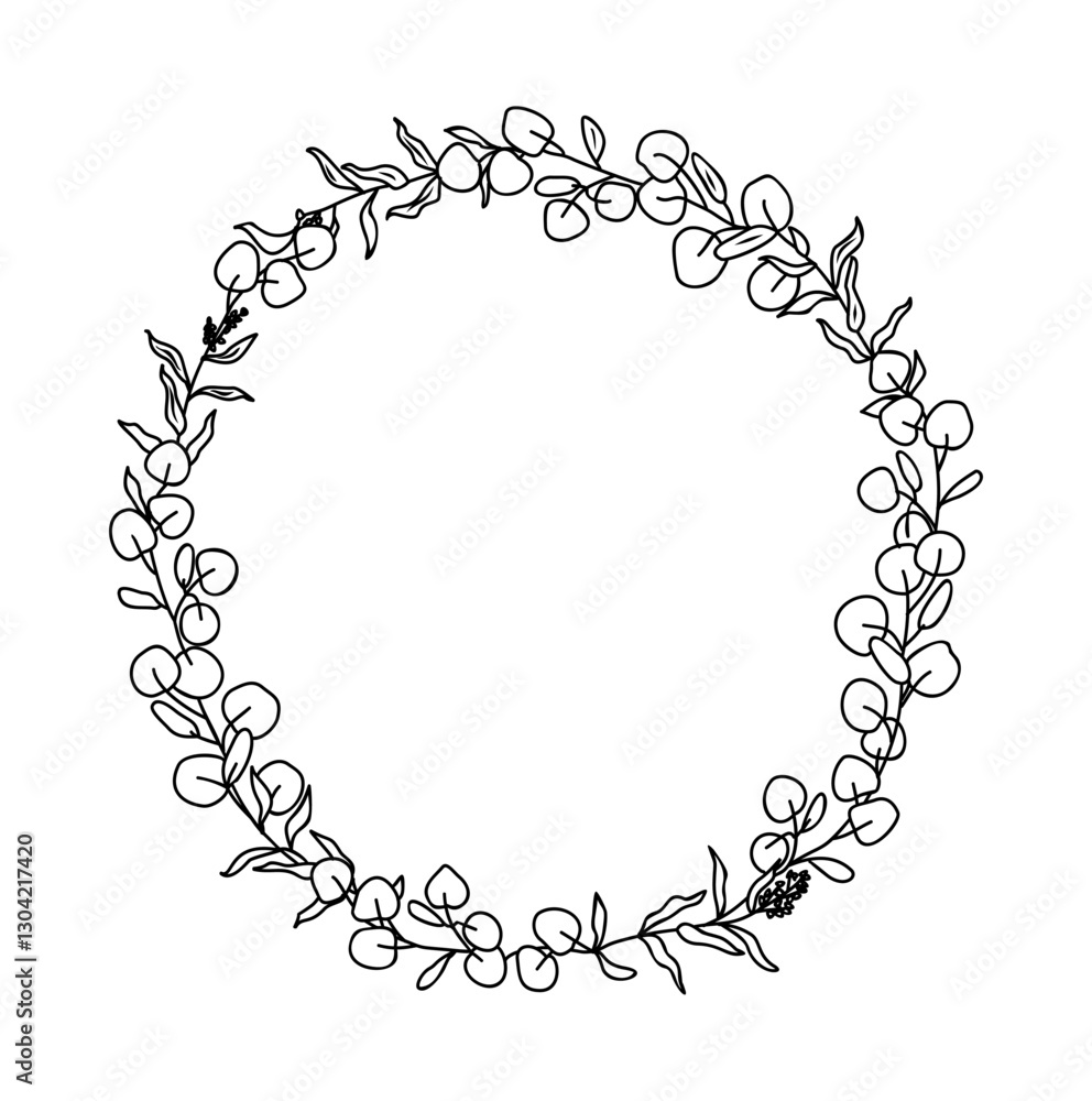 Hand drawn eucalyptus wreath line art vector illustration isolated on white background. Circle botanical frame in black ink sketch style. Elegant wedding invitation design, clipart, overlay. Hand drawn eucalyptus wreath line art vector illustration isolated on white background. Circle botanical frame in black ink sketch style. Elegant wedding invitation design, clipart, overlay.