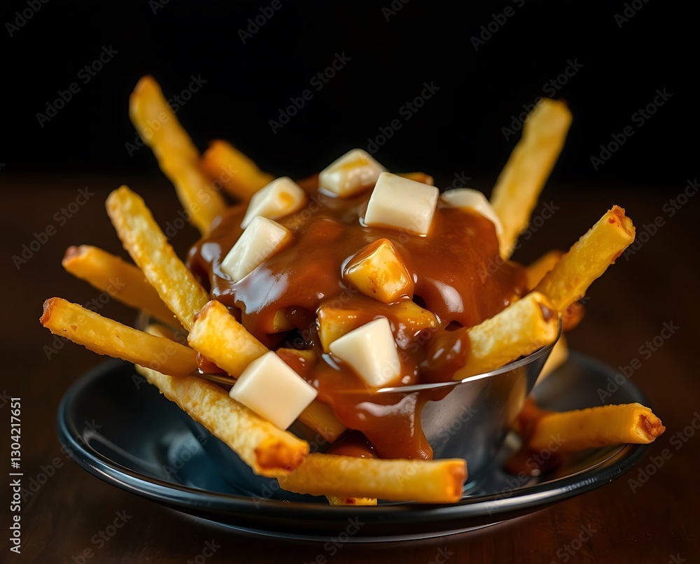 Crispy Fries Smothered in Rich Brown Gravy and Cheese Curds, Perfectly Loaded for an Indulgent Comfort Meal - fast foods stock-image Crispy Fries Smothered in Rich Brown Gravy and Cheese Curds, Perfectly Loaded for an Indulgent Comfort Meal - fast foods stock-image