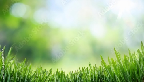 fresh green grass with dew drops in sunlight, blurred natural background with bokeh, vibrant spring foliage and leaves

