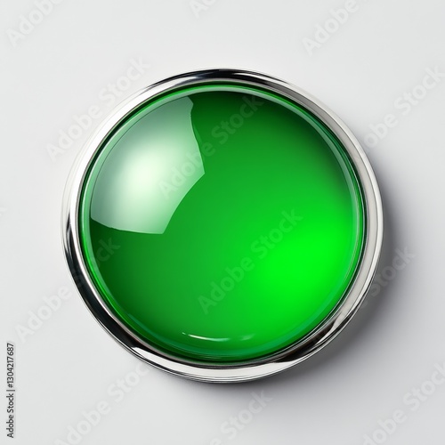 Shiny Green Button with Silver Bezel on White Surface, Capturing Reflections and Light Play.