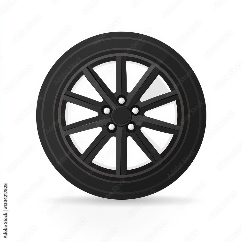 Sleek Black Car Wheel Isolated on White - Stylish Automotive Rim with Modern Design and Shadow Effect Sleek Black Car Wheel Isolated on White - Stylish Automotive Rim with Modern Design and Shadow Effect