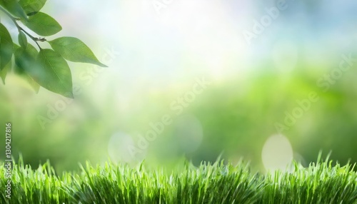 fresh green grass with dew drops in sunlight, blurred natural background with bokeh, vibrant spring foliage and leaves

