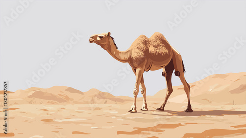 Digital painting or illustration of a single dromedary camel standing in a desert landscape. The camel is light brown, facing slightly to the left.  The background features pale sand dunes