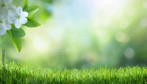 fresh green grass with dew drops in sunlight, blurred natural background with bokeh, vibrant spring foliage and leaves

