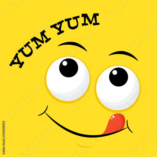 Yummy emoji. Smiling yummy emoticon on yellow background. Inscription Yum yum. Tasty food, gourmet enjoying taste, cook icon. Can be used with t-shirt, stickers, card design. Vector illustration EPS8