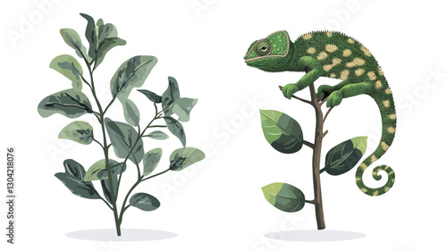 Digital illustration featuring a green chameleon perched on a slender branch with leaves, alongside a separate depiction of a small tropical plant with broad leaves.  Both elements are
