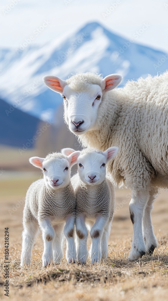 Ewe and lambs pasture mountain spring Ewe and lambs pasture mountain spring