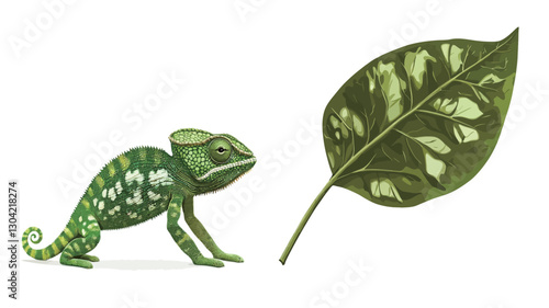 The image is a detailed illustration or drawing of a green chameleon positioned to the left of a similarly colored leaf. Both the chameleon and the leaf are depicted against a pure white