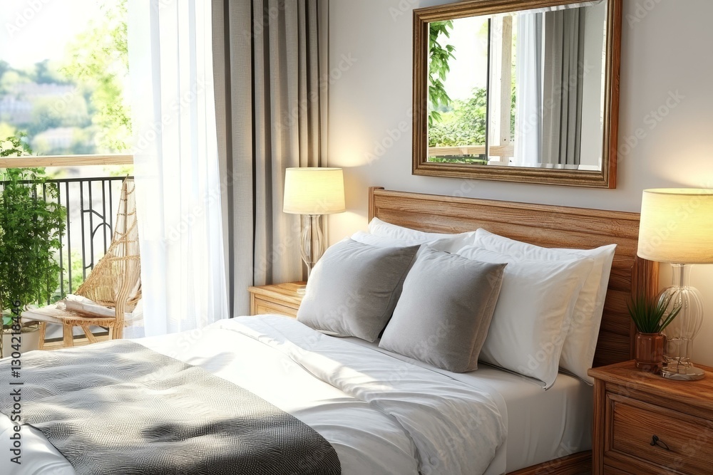 Fototapeta premium Modern Bedroom Interior with Balcony View Illustration