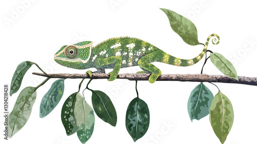 A detailed illustration or painting of a green chameleon perched on a tree branch. The chameleon is depicted in profile view, showcasing its textured skin and characteristic features.  The