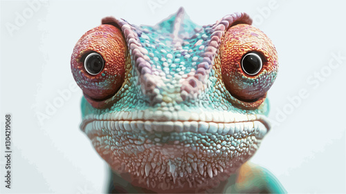 A detailed close-up shot of a chameleon's head and upper body. The image features a shallow depth of field, focusing primarily on the chameleon's face and eyes.  The chameleon's skin