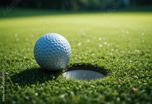 Golf ball nearing the hole on a sunny day at the course photo