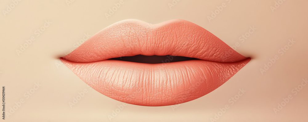 Obraz premium Close up of soft, plump lips in natural peach tone, showcasing smooth texture and subtle shine, perfect for beauty and cosmetic themes