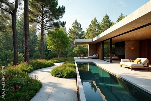 Modern minimalist house with a linear infinity pool and a landscaped garden pathway