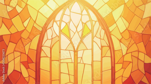 The image depicts an abstract representation of a stained-glass window. The window is arched and composed of numerous geometric shapes in shades of yellow, orange, and red.  The color
