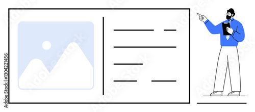 Professional conducting presentation with a display screen showing image and textual information. Ideal for education, training, strategy, business, analysis, learning, flat simple metaphor