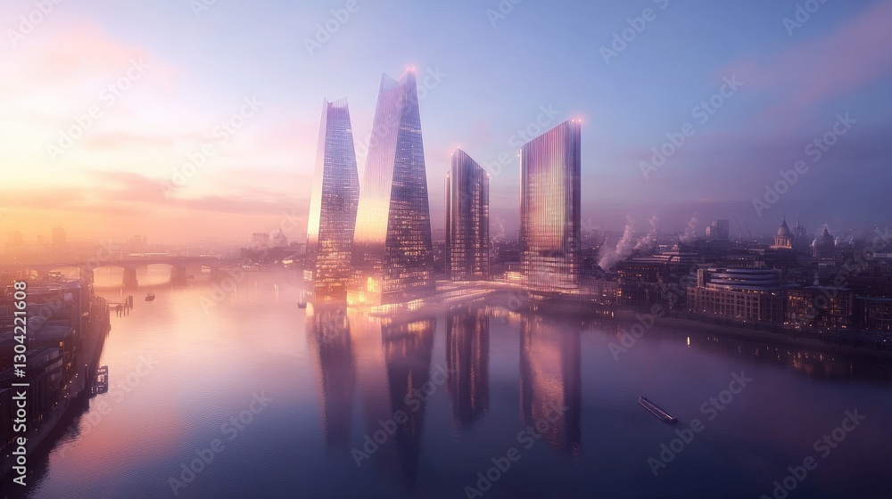 Fototapeta premium London Cityscape Sunrise Modern Skyscrapers River Reflection
