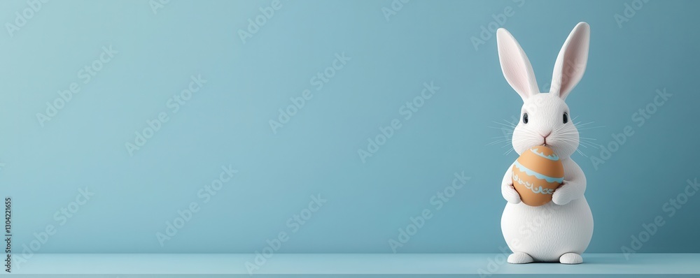 Obraz premium A cute white rabbit holds an Easter egg against a soft blue background, creating a charming and festive atmosphere.