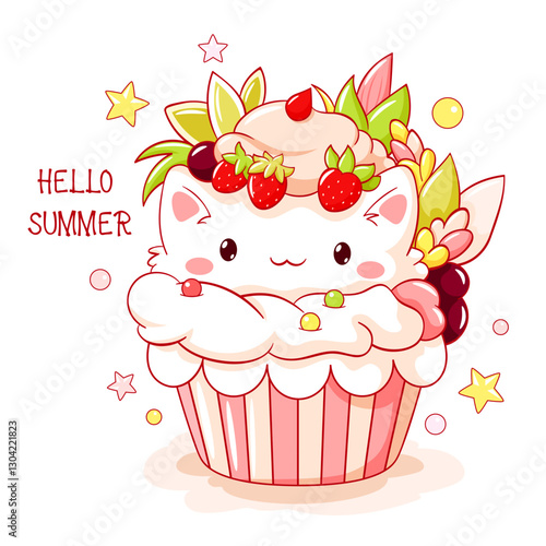 Summer card with cute dessert in kawaii style. Little cat and cupcake with whipped cream and strawberry. Inscription Hello summer. Can be used for t-shirt print, sticker, greeting card. Vector EPS8