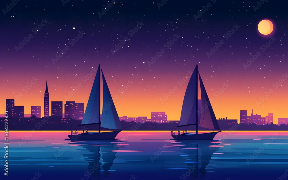 Night sails on city waterfront Night sails on city waterfront