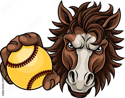Horse mustang bronco stallion baseball softball angry sports team mascot holding a ball.