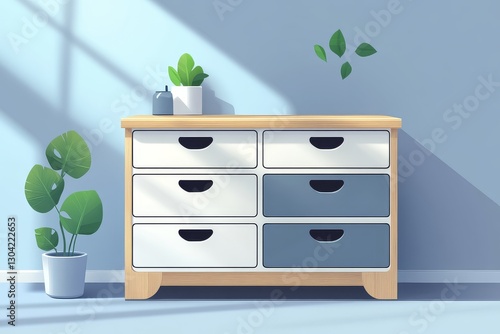 Modern white and gray multi-drawer storage cabinet with light wood top, featuring eight drawers and a sleek white frame, isolated on a plain background.