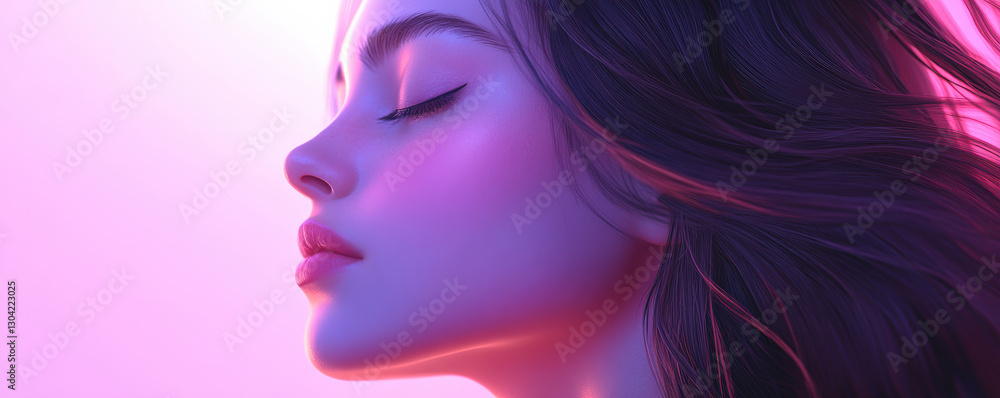Radiant woman with sleek smooth long hair and flawless skin, showcasing serene expression against soft pink background Radiant woman with sleek smooth long hair and flawless skin, showcasing serene expression against soft pink background